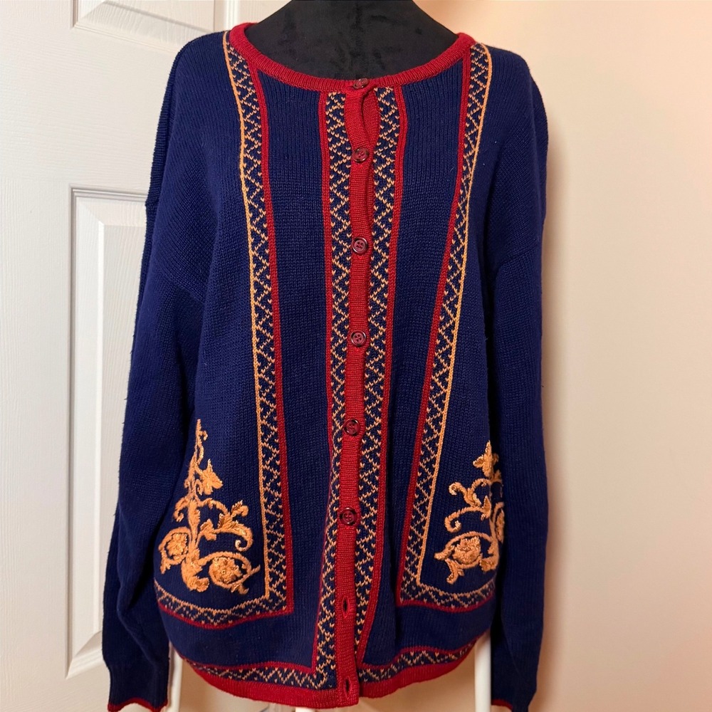 Vintage Lucia Button Down Cardigan Sweater 90s Embroidered Y2K Fall Long SZ M